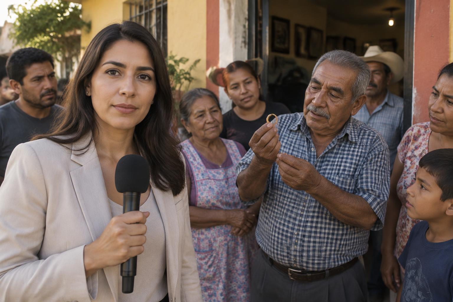 Reportera mexicana frente a una casa mientras un vecino muestra el anillo encontrado